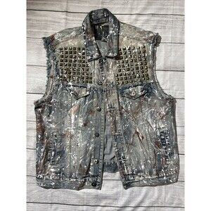 Y2k Ecko Unlimited Trucker Denim Vest Moto 90s Paint Splatter Grunge